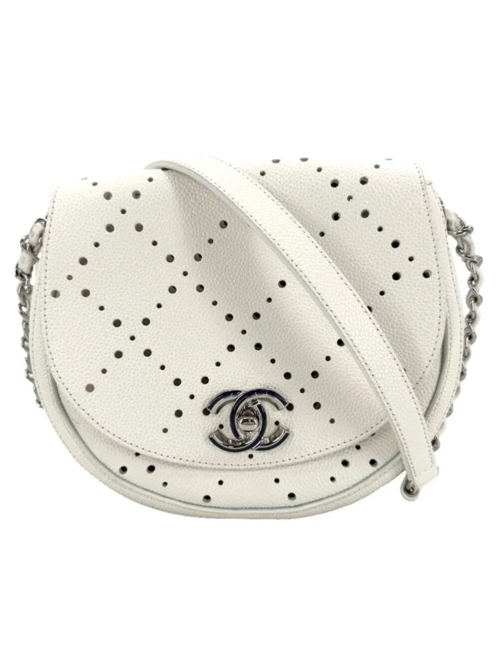 Chanel Shoulder Bag Perforated Pochette CC Logo Crossbody Leather White Silver